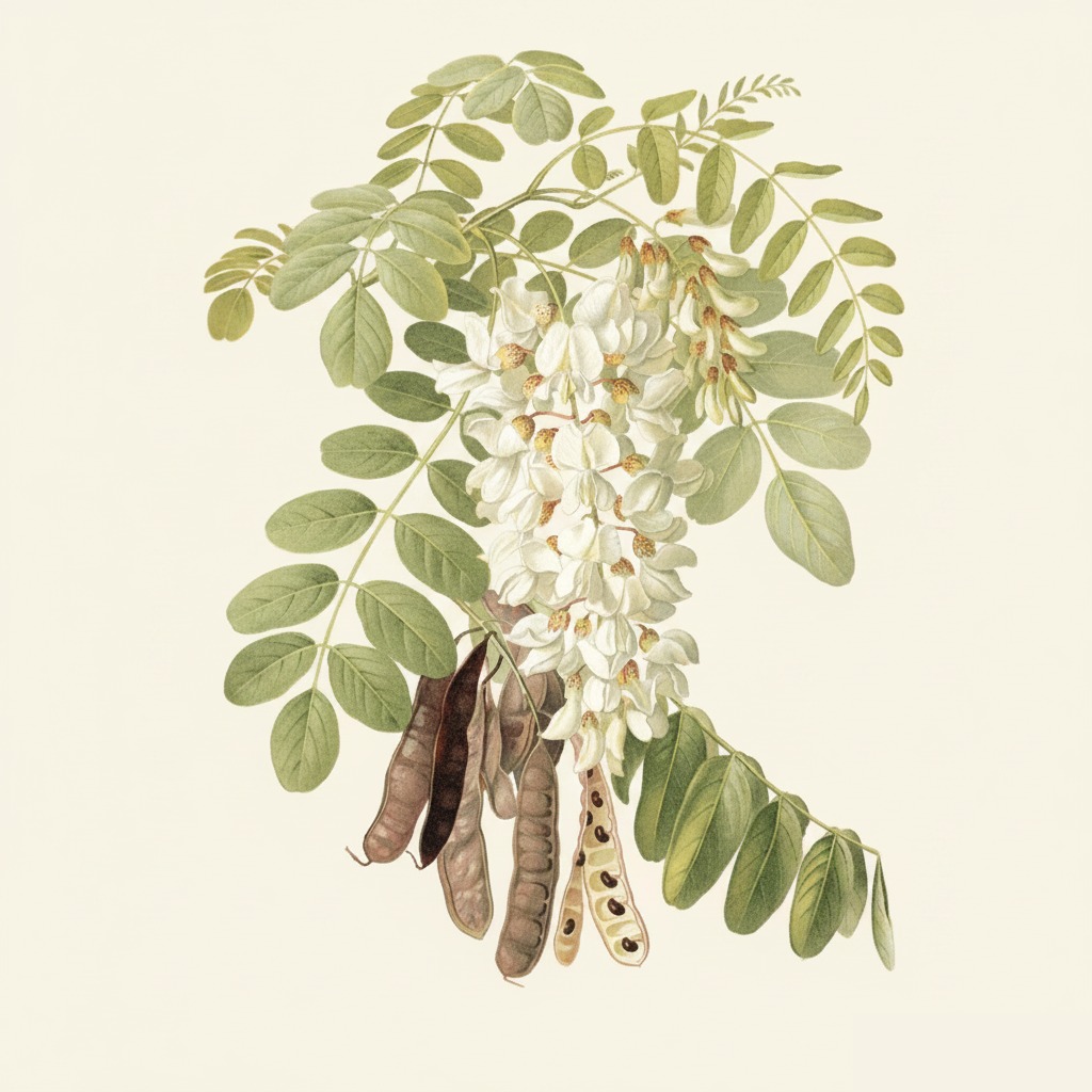 Botanische Aquarellillustration der Robinie mit Blüten, Blättern und Hülsenfrüchten